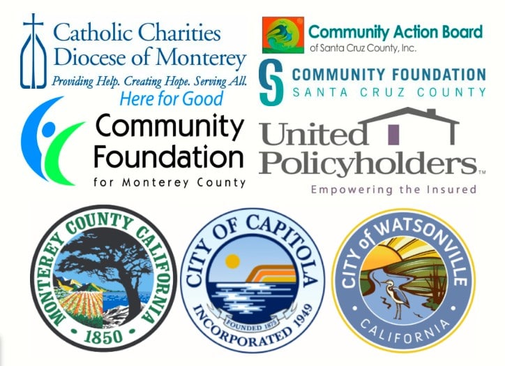 Storm recovery partner logos Catholic Charities Monterey Diocese, Community Action Board, Community Foundation Monterey County, Community Foundation Santa Cruz County, United Policyholders, City of Capitola, City of Watsonville, County of Monterey